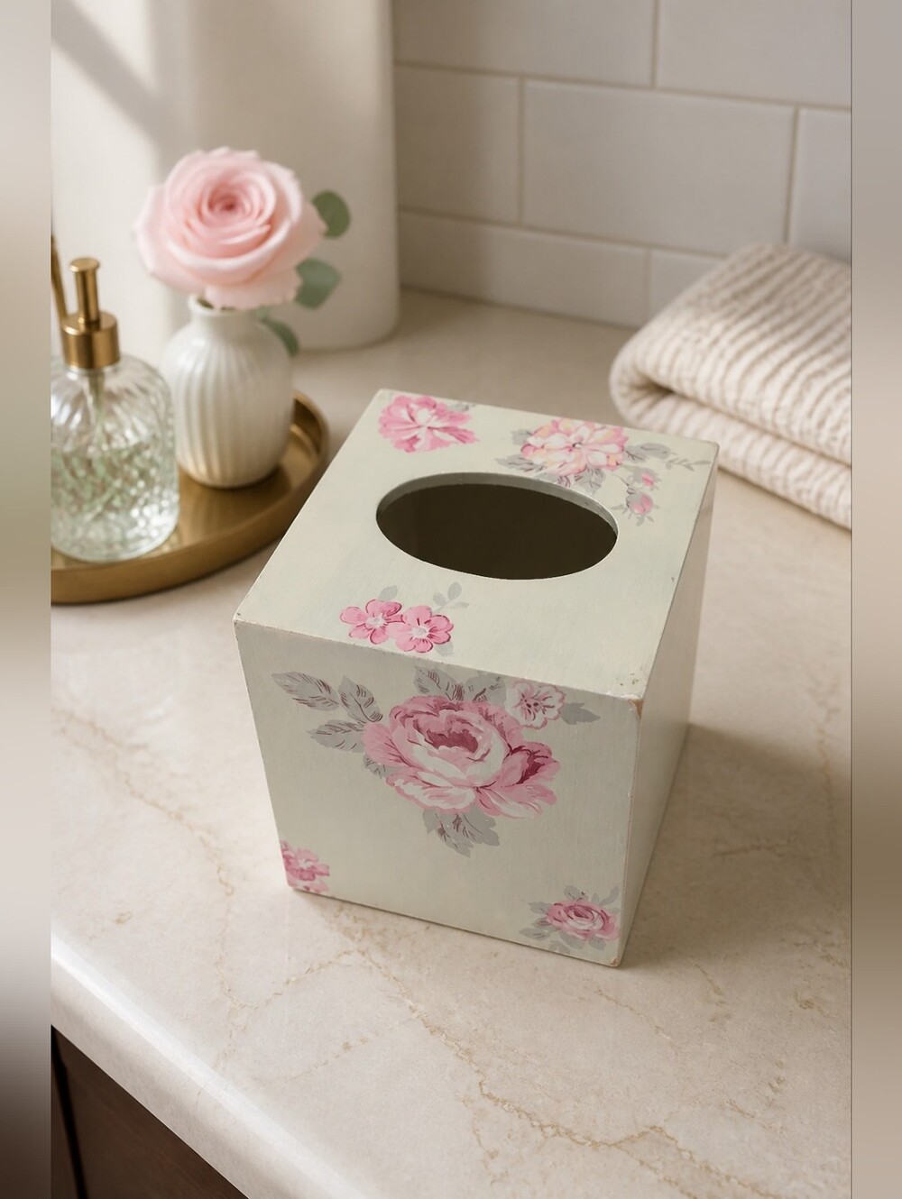 Nautica wooden Tissue Box Cover pink Roses Cube cottage
